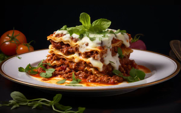 A decadent lasagna topped with fresh basil and accompanied by vibrant tomatoes, presented on a classic plate, creating an enticing HD desktop wallpaper background.