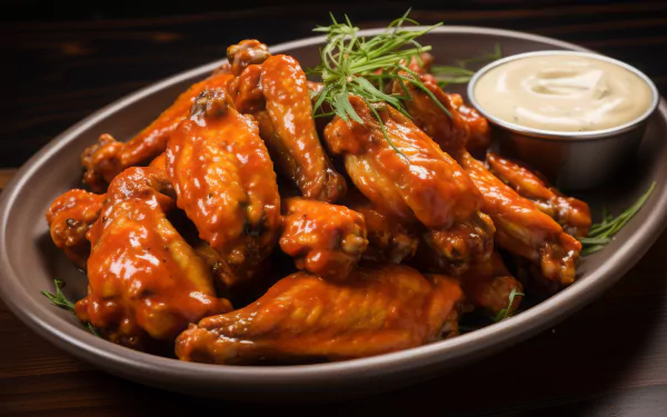 HD Wallpaper of Delicious Chicken Wings with Dipping Sauce on Wooden Background