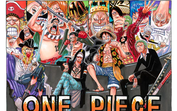 HD desktop wallpaper featuring characters from One Piece including Cavendish, Bartolomeo, Trafalgar Law, Sai, and Chinjao in dynamic poses.