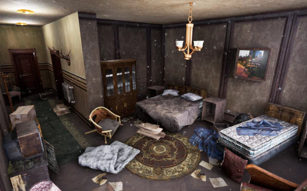 HD desktop wallpaper of a cluttered hotel room from the video game Hotel Renovator, featuring an old-fashioned interior with scattered furniture and decor.