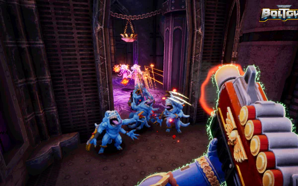 HD desktop wallpaper from the video game Warhammer 40,000: Boltgun, showcasing a first-person view of a boltgun firing at alien creatures in a dark, eerie corridor.