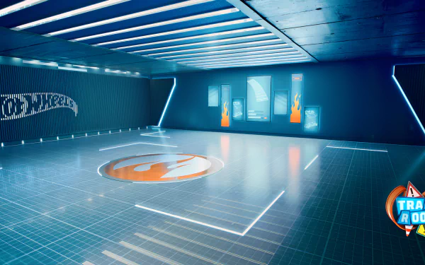 HD desktop wallpaper from Hot Wheels Unleashed 2: Turbocharged, featuring a sleek, futuristic garage with neon accents and Hot Wheels branding.