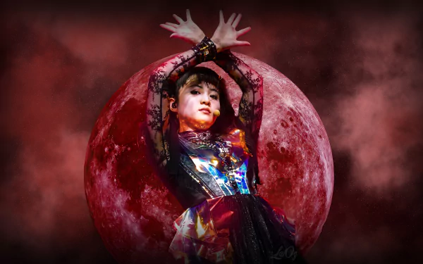 Moa Kikuchi, from the Japanese band Babymetal, in a high-definition desktop wallpaper featuring vibrant music theme.