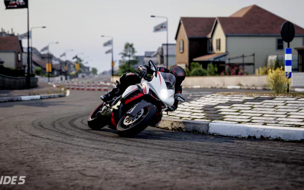 HD desktop wallpaper featuring a dramatic scene from the video game Ride 5, with a motorcycle expertly cornering on a picturesque urban track.