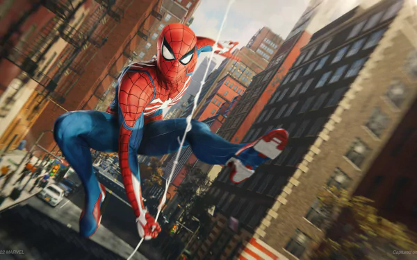 HD desktop wallpaper of Spider-Man swinging through the city from Marvel's Spider-Man Remastered video game.