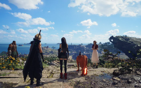 HD desktop wallpaper of characters from Final Fantasy VII Rebirth standing on a cliff, overlooking a scenic, vibrant landscape with clear skies.