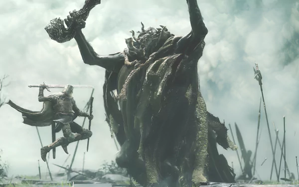 HD desktop wallpaper from Elden Ring featuring the character Margit, the Fell Omen, in battle amidst a misty battlefield.