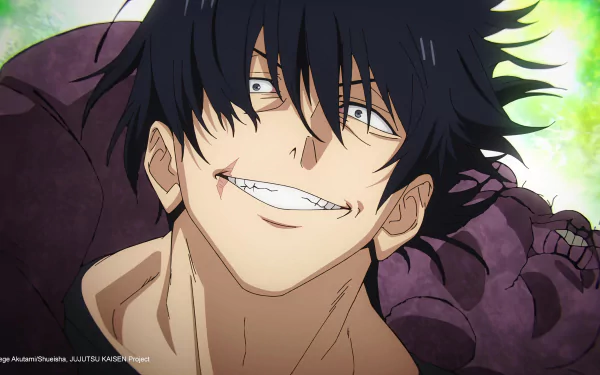 HD wallpaper of Toji Fushiguro from Jujutsu Kaisen 2nd Season anime series, smiling with a gleeful expression.