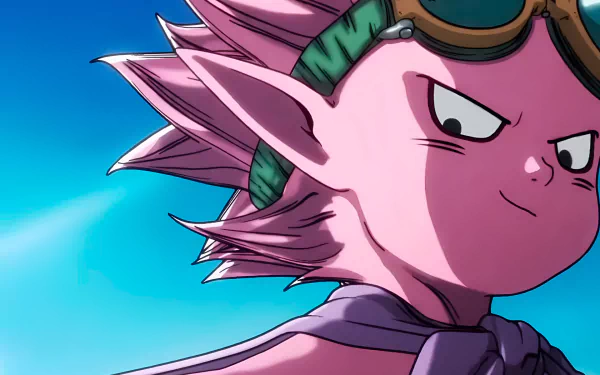 HD desktop wallpaper featuring a close-up of a pink-haired anime character from Sand Land, wearing goggles, against a blue sky background.