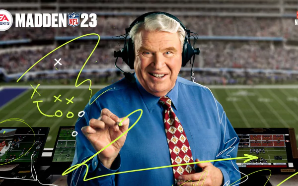 HD desktop wallpaper featuring a commentator from Madden NFL 23, drawn play strategies, and a packed stadium background.
