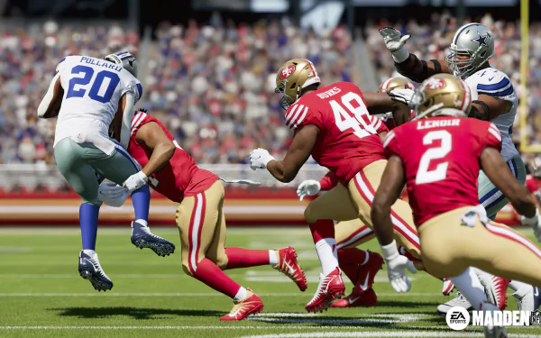 HD desktop wallpaper featuring an in-game scene from Madden NFL 24 with players in a dynamic football play, showing intense athletic action.