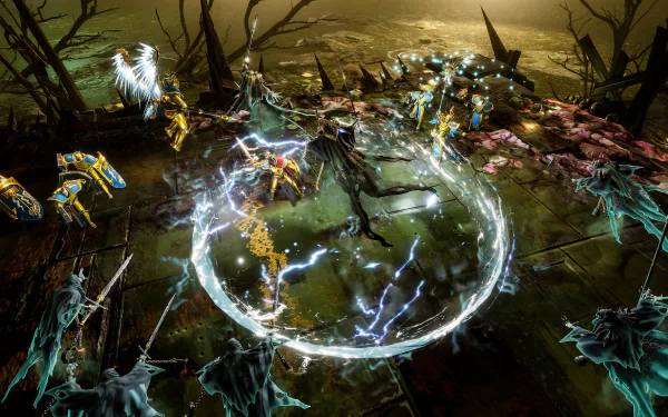 HD desktop wallpaper from Warhammer Age of Sigmar: Storm Ground depicting a dynamic battle scene with magical attacks in a dark, swampy environment.