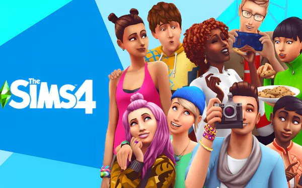 HD desktop wallpaper for The Sims 4 featuring a diverse group of animated characters engaging in various activities with a vibrant blue background.
