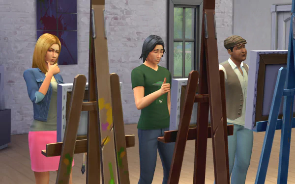 HD desktop wallpaper from The Sims 4 featuring three characters painting in an art studio.