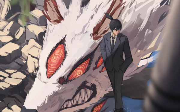 HD anime desktop wallpaper featuring Aki Hayakawa standing confidently beside the menacing Fox Devil from Chainsaw Man.