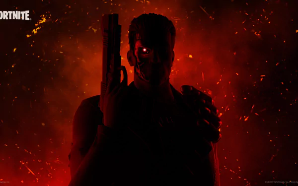 HD desktop wallpaper featuring the Terminator from Fortnite, set against a fiery red backdrop, holding a gun, perfectly capturing the action-packed essence of the video game.