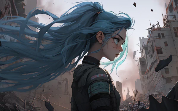 Anime girl with flowing blue hair stands amidst a ruined cityscape in this detailed 8K Ultra HD PC desktop wallpaper and background.