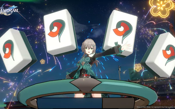 HD desktop wallpaper of Qingque from Honkai: Star Rail, featuring the character standing on a platform with floating cards in a vibrant cosmic setting.