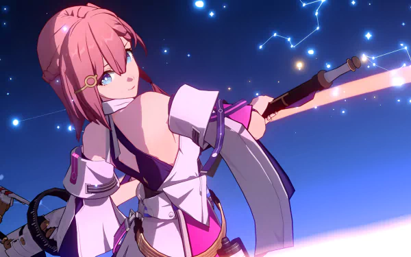 HD wallpaper of Asta from Honkai: Star Rail, featuring the character in a dynamic pose with a glowing weapon under a starry sky.