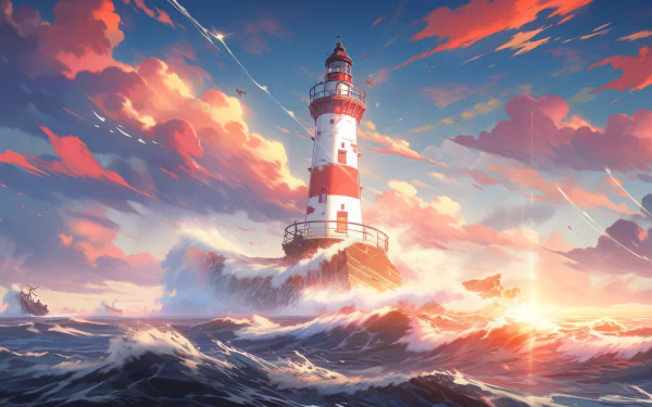 HD desktop wallpaper featuring an AI art rendition of a majestic lighthouse amidst vibrant sunset clouds and dynamic ocean waves.