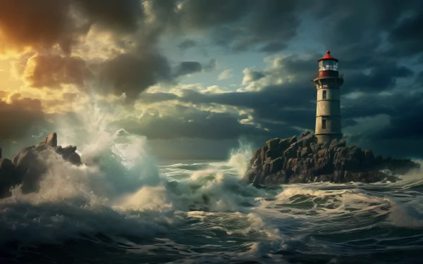 HD desktop wallpaper of an AI-generated art piece featuring a majestic lighthouse standing tall amidst tumultuous sea waves under a dramatic sky.