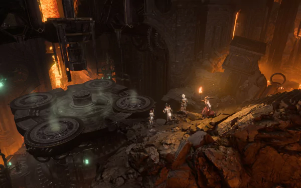 HD desktop wallpaper from Baldur's Gate 3 featuring adventurers in a dimly lit, ancient underground dungeon with glowing emerald lights and intricate stone architecture.