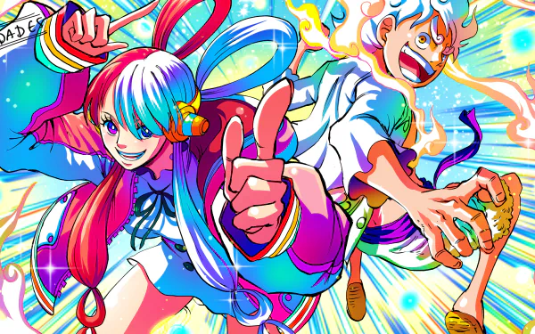 Uta and Monkey D. Luffy in Gear 5 are featured in this vibrant 4K Ultra HD anime wallpaper, capturing the energetic spirit of One Piece. Bright colors and dynamic poses enhance the scene.
