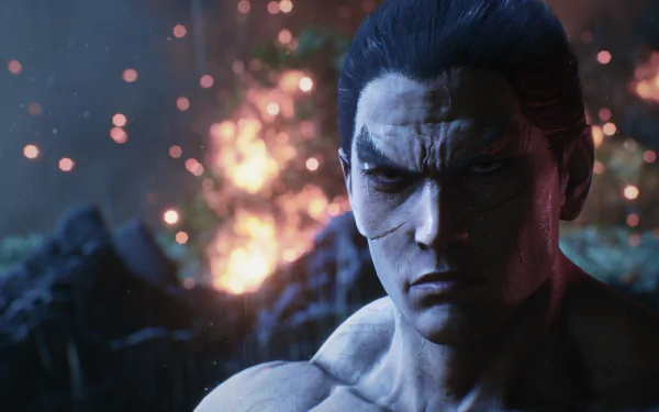 HD desktop wallpaper featuring Kazuya Mishima from Tekken 8 with a fiery background.