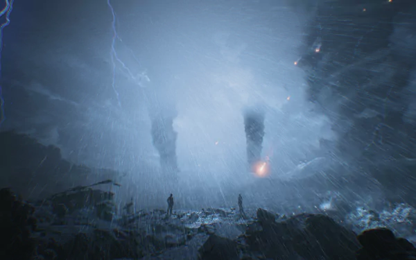 HD desktop wallpaper from Tekken 8 featuring a dramatic scene with lightning and silhouette figures in a stormy, mystical environment.