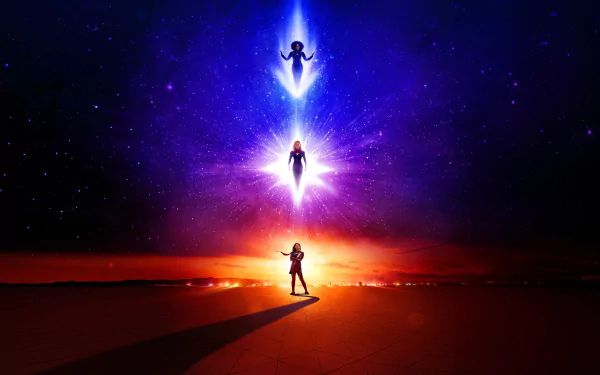 4K Ultra HD PC desktop wallpaper featuring a cosmic scene from the movie The Marvels with three glowing figures ascending against a starry sky.