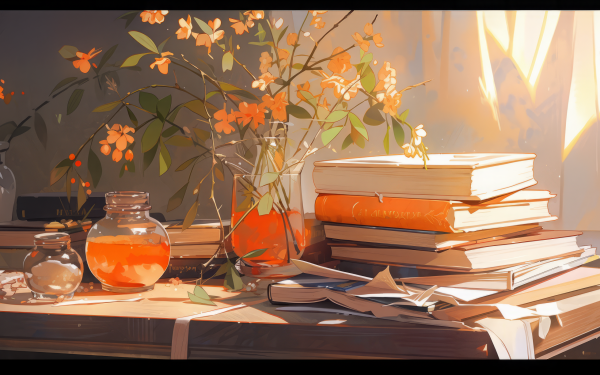 Warm and serene HD desktop wallpaper featuring a stack of books bathed in sunlight with blooming orange flowers in a vase and scattered papers, perfect for a cozy reading theme background.