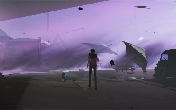 Mysterious landscape HD desktop wallpaper featuring a figure standing amid futuristic ruins with ethereal purple hues, tagged with Somerville.