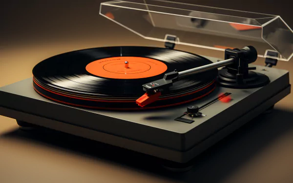 A close-up of a classic turntable with a black vinyl record, featuring a vibrant orange label, set against a warm background. A stylish HD desktop wallpaper for music lovers.