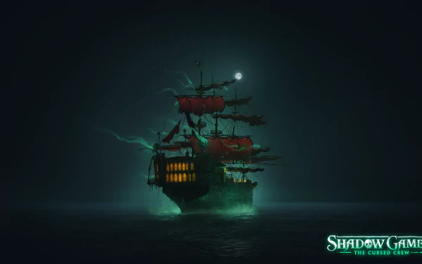 HD desktop wallpaper from Shadow Gambit: The Cursed Crew featuring a mystical pirate ship sailing under a moonlit sky with ethereal green lights.
