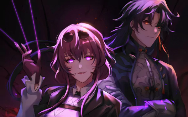HD wallpaper featuring Kafka and Blade from Honkai: Star Rail, depicted in a dynamic, darkly lit setting with intense expressions.