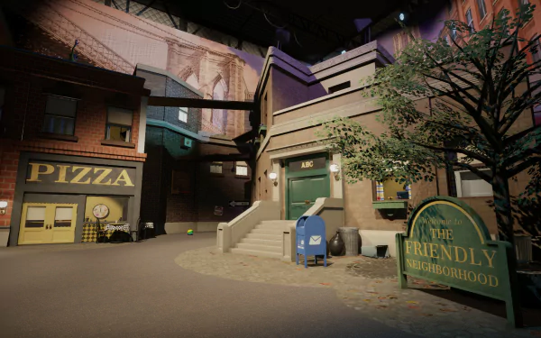 HD desktop wallpaper featuring a cozy neighborhood scene at twilight with a pizza shop, greenery, and a 'The Friendly Neighborhood' sign.