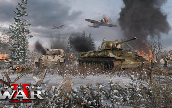 HD desktop wallpaper featuring a dramatic Men of War II game scene with tanks and aircraft in a snowy battlefield.