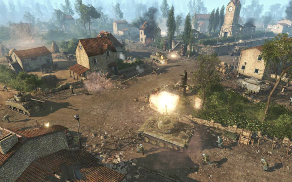HD desktop wallpaper featuring a Men of War II game scene with a battle in a European village.