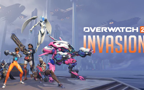 HD desktop wallpaper featuring characters from Overwatch 2 video game, titled Invasion, with dynamic action poses against a futuristic cityscape.