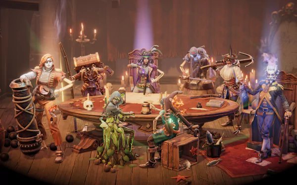 HD wallpaper of Shadow Gambit: The Cursed Crew featuring animated crew members strategizing around a map on a table.