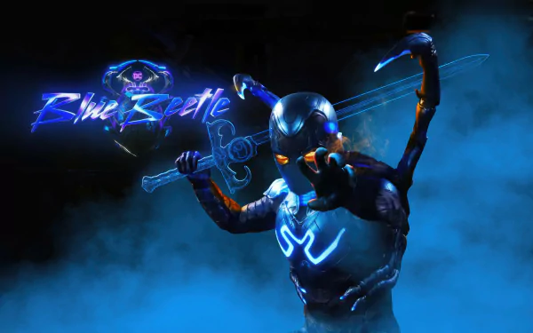 HD desktop wallpaper featuring the character Blue Beetle, Jaime Reyes, from DC Comics, in action with a dynamic blue energy background.