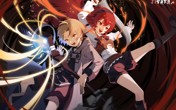 HD PC desktop wallpaper featuring anime characters Eris Boreas Greyrat and Rudeus Greyrat from Mushoku Tensei: Jobless Reincarnation in dynamic action poses.