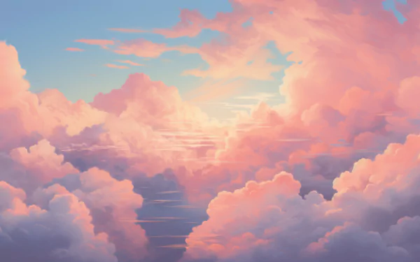 Artistic HD desktop wallpaper featuring a vibrant pink sky with fluffy clouds and a glowing sunset, embodying a serene pink aesthetic.
