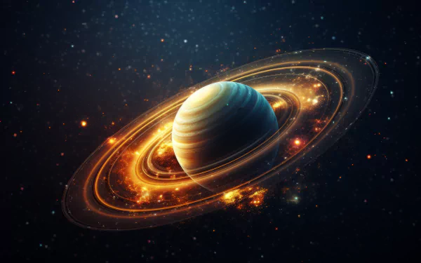 HD desktop wallpaper featuring a highly detailed and luminous depiction of the planet Saturn, set against a star-filled cosmic background in a sci-fi theme.