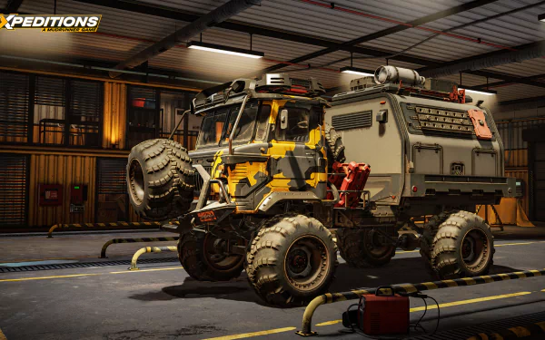 HD desktop wallpaper featuring an off-road vehicle from Expeditions: A MudRunner Game in a garage setting for game enthusiasts.