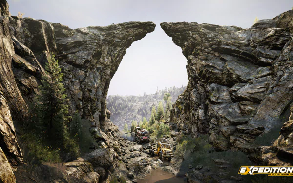 HD desktop wallpaper featuring off-road vehicles from Expeditions: A MudRunner Game navigating rocky terrain under a natural stone arch.