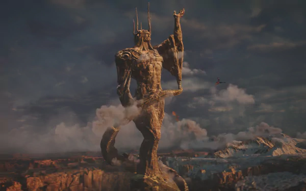 HD wallpaper of Immortals of Aveum featuring an imposing statue with a dramatic mountainous backdrop.