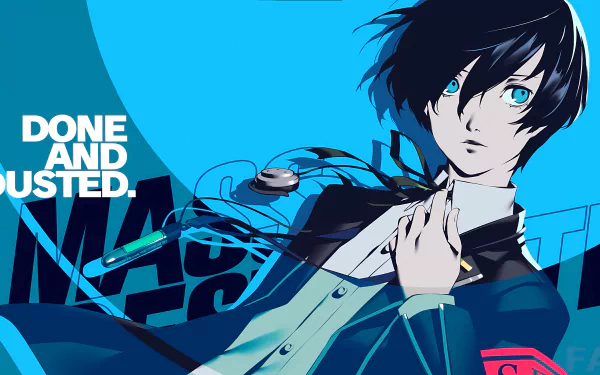 8K Ultra HD PC wallpaper featuring Makoto Yuki from the video game Persona 3 Reload with striking blue tones and dynamic text elements.