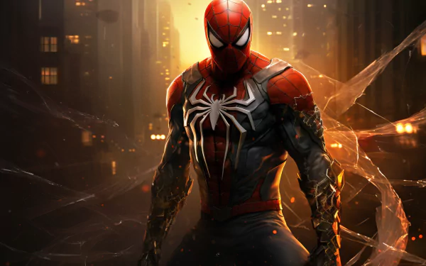HD desktop wallpaper featuring Spider-Man in a dynamic pose with a glowing spider emblem, set against a dusky cityscape with shimmering webs.