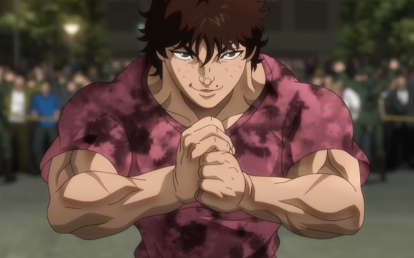 HD desktop wallpaper of Baki Hanma character ready to fight in a martial arts stance, with an intense expression and a crowd in the background.